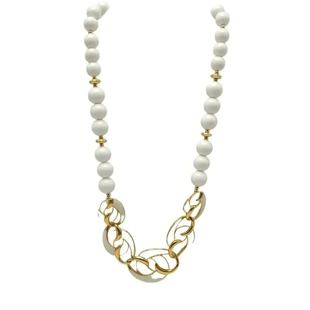 Trifari Enamel Chunky Chain White Ball Beaded Necklace Gold Tone Vintage 1980s
